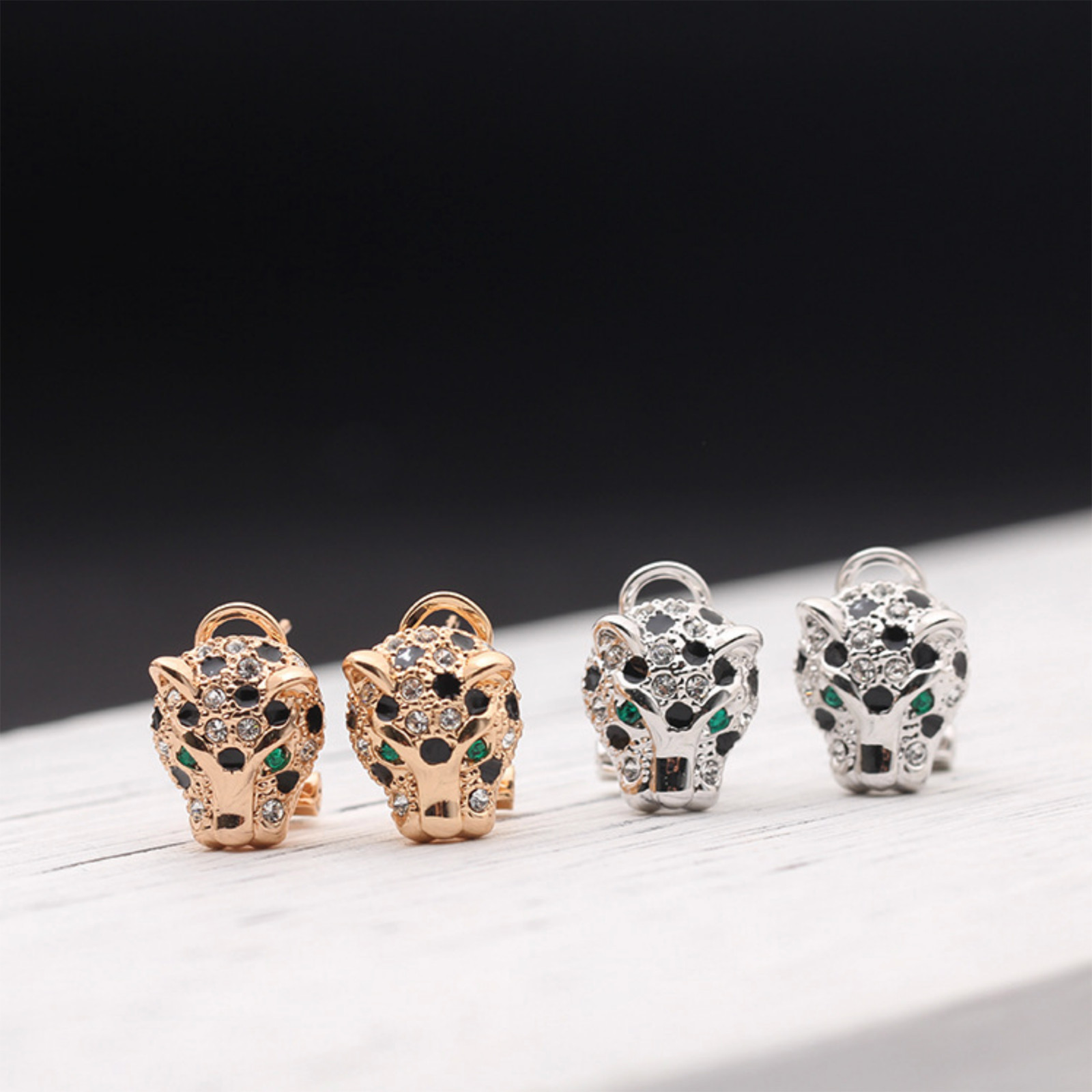 Animal Leopard Panther Jaguar Clear and Black Cubic Zirconia Leverback Earrings