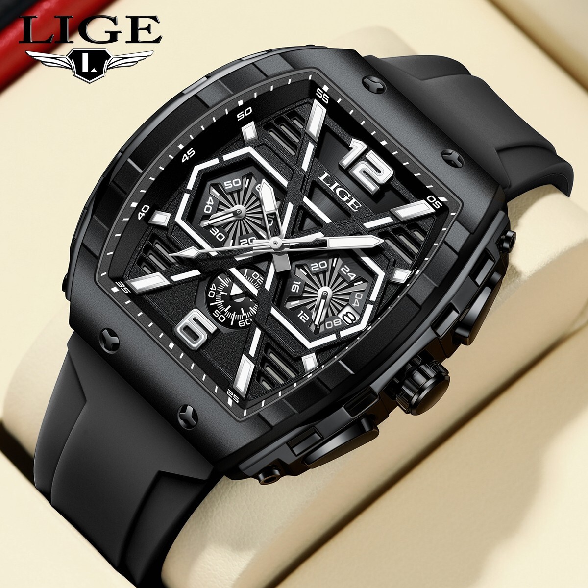 Men Watch Quartz Date Luminous Big Square Dial 5ATM Waterproof Sport Wristwatch