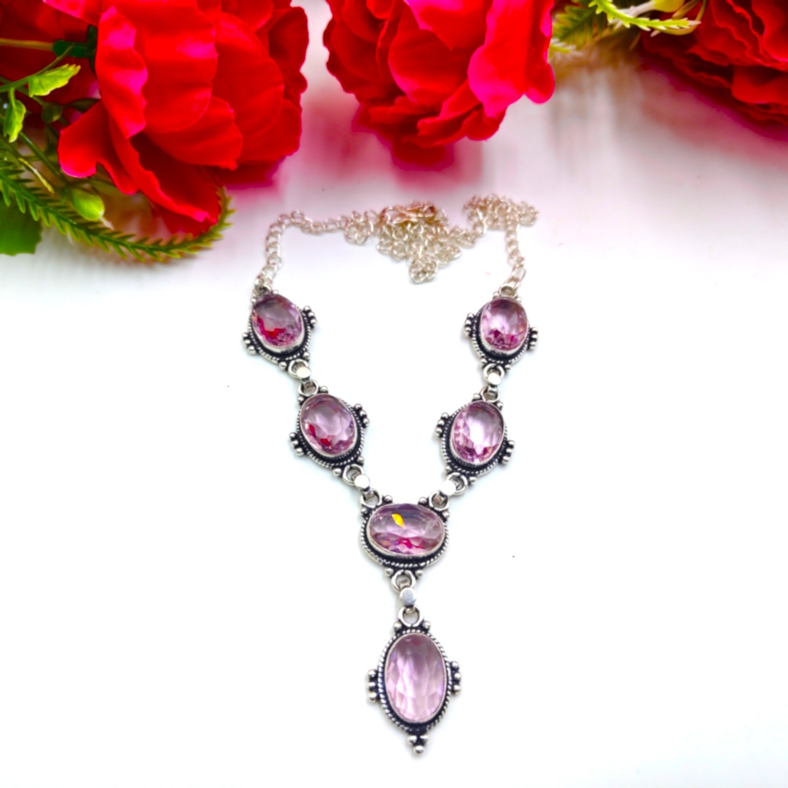 Pink Kunzite Gemstone Handmade 925 Sterling Silver Jewelry Necklace Sz-17-18″