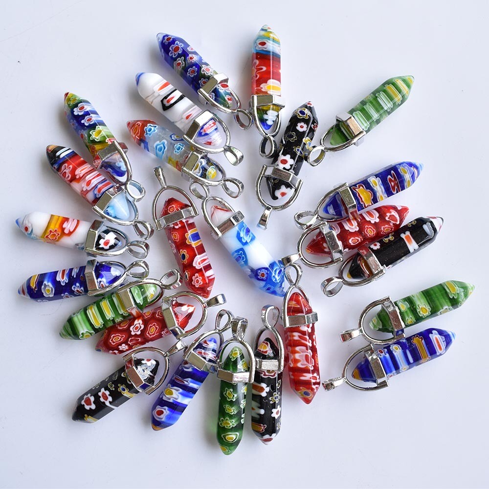 30pcs Mixed Thousand Flower Glass Pillar Point Charm Pendants for Jewelry Making