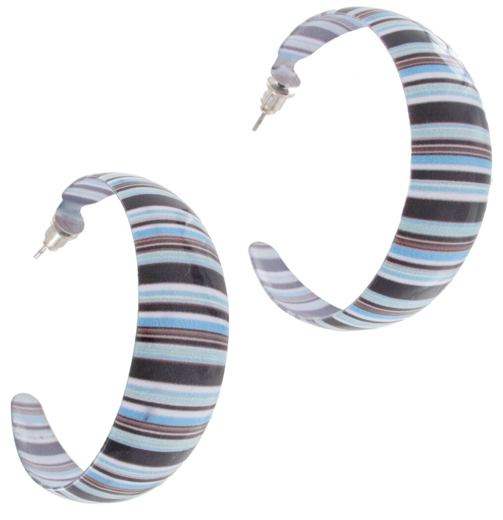 Pierced Earrings Hoop Enamel Striped Blue Brown 1 3/4″