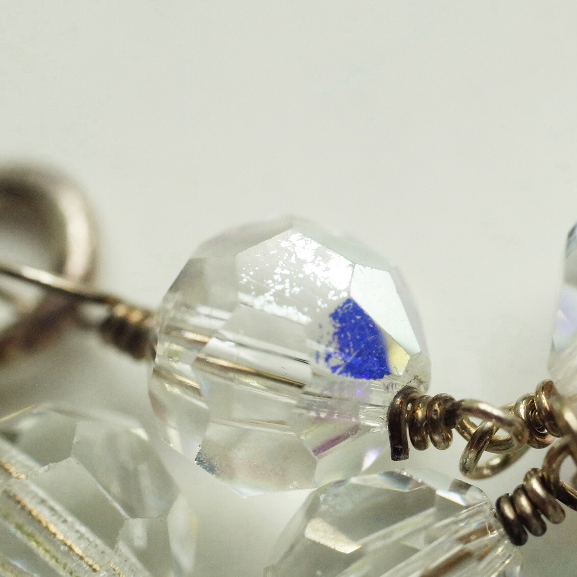 Sterling Silver Twisted Wire Clear Glass Crystal Bead Bracelet 7.36”