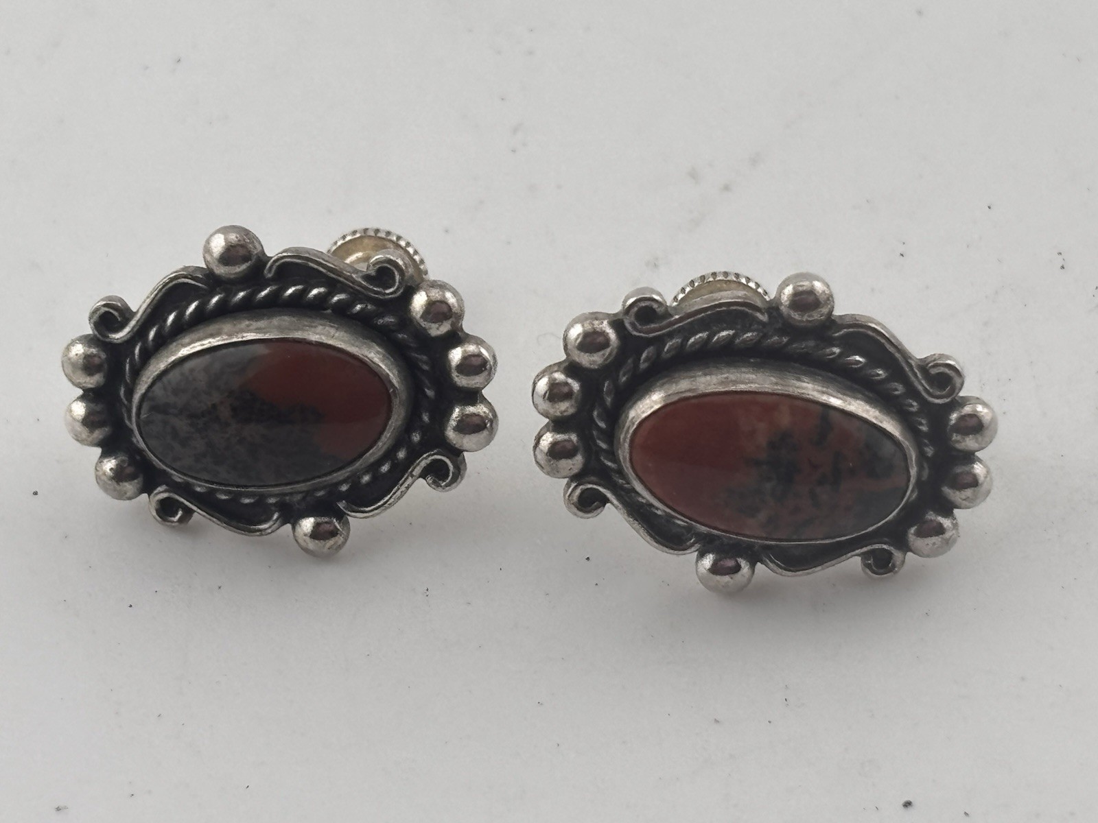 Vintage Scrolled Sterling Silver and Mahogany Obsidian Earrings -Screw Back