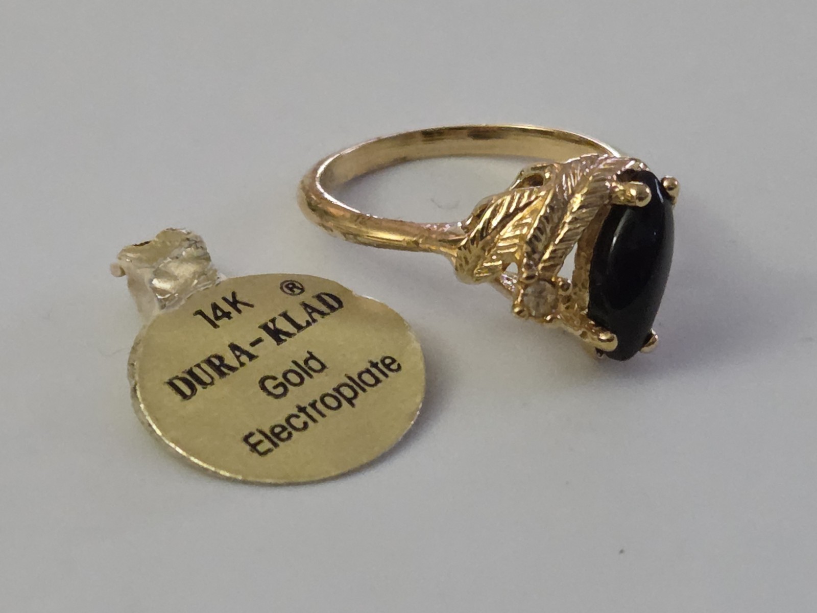 Vintage 14kt Yellow Gold Eletroplate Dura-Klad Onyx & CZ Size 6 Ring, NEW