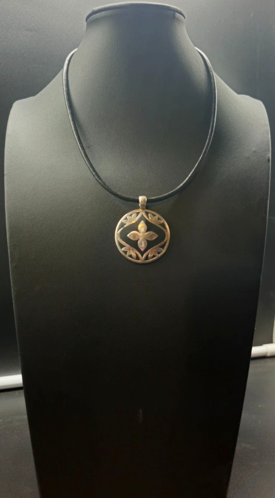 Silver Floral Pendant Necklace Black Enamel Adjustable Leather Cord By Liz & Co.