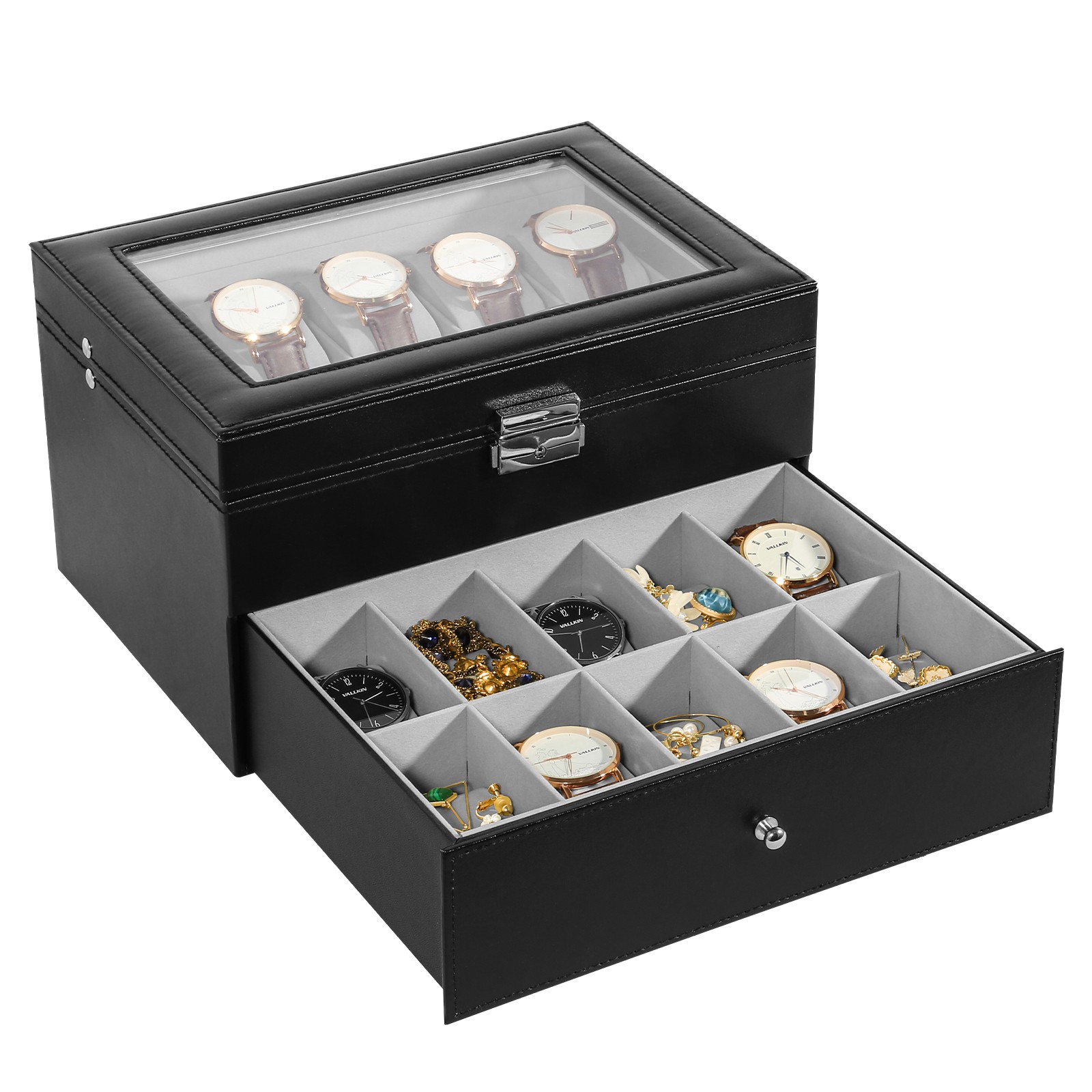 20 Slots Watch Box PU Leather Watch Case Lockable Jewelry Storage Display Case