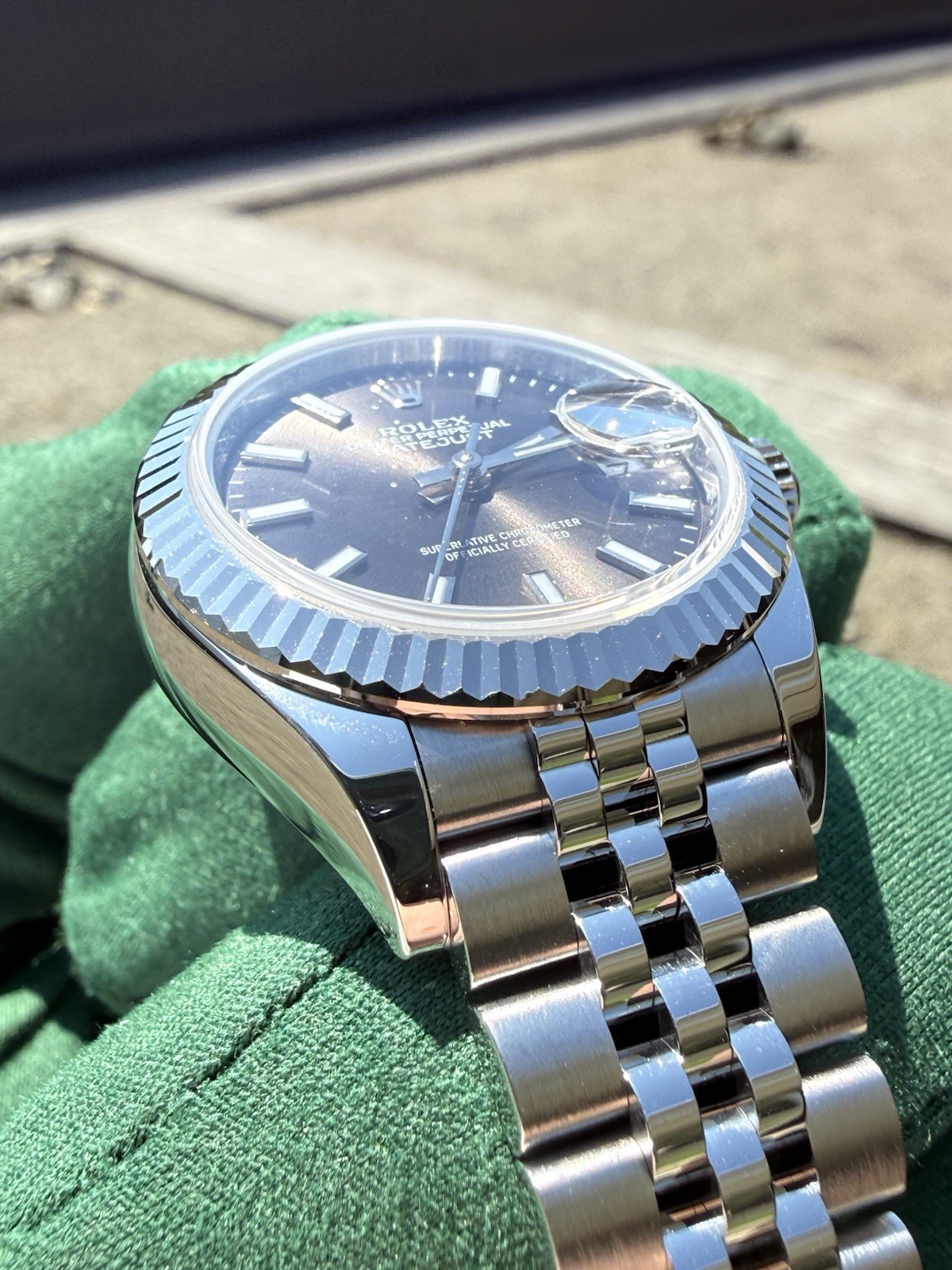 Ladies Rolex Datejust 28 18K WG Fluted Steel Jubilee Dark Grey Dial 279174 Box