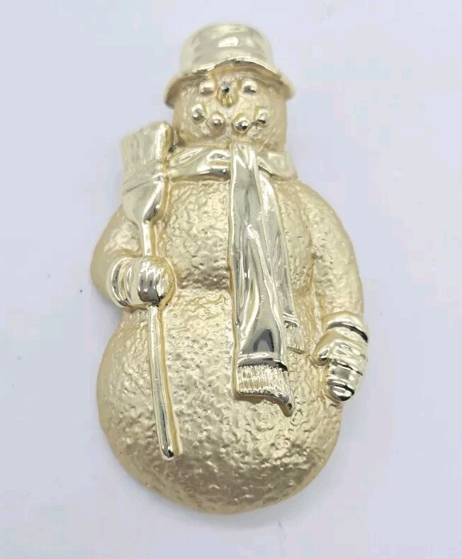 Snowman Brooch Christmas Pin GOLD tone textured 2.5 in signed A.J.C AJC