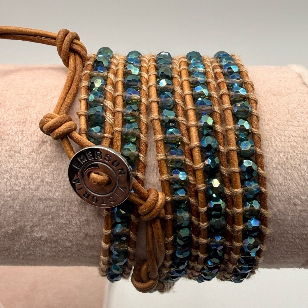 Victoria Emerson 5‑Wrap Bracelet – Iridescent Green/Blue Crystals on Tan Leather