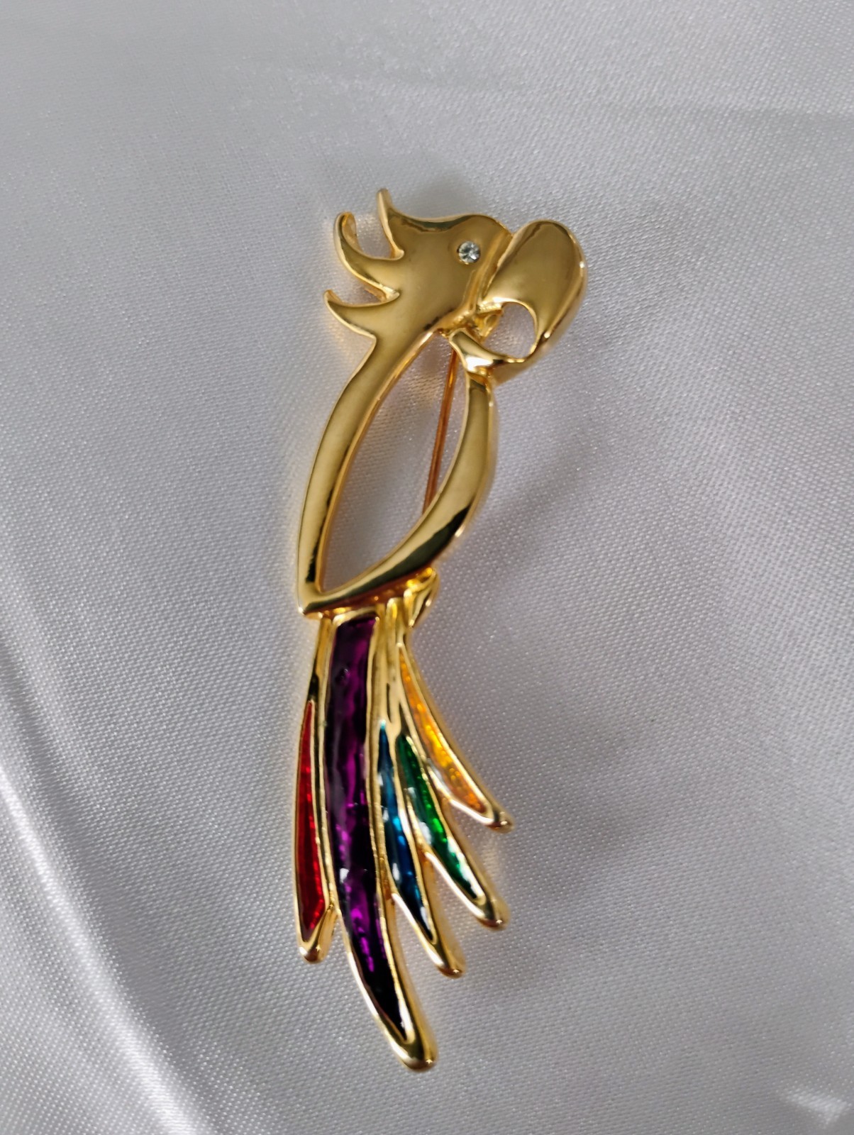 Parrot Exotic Bird Brooch Pin Gold Tone Multi Color Enamel Rhinestone Eye 2.75”