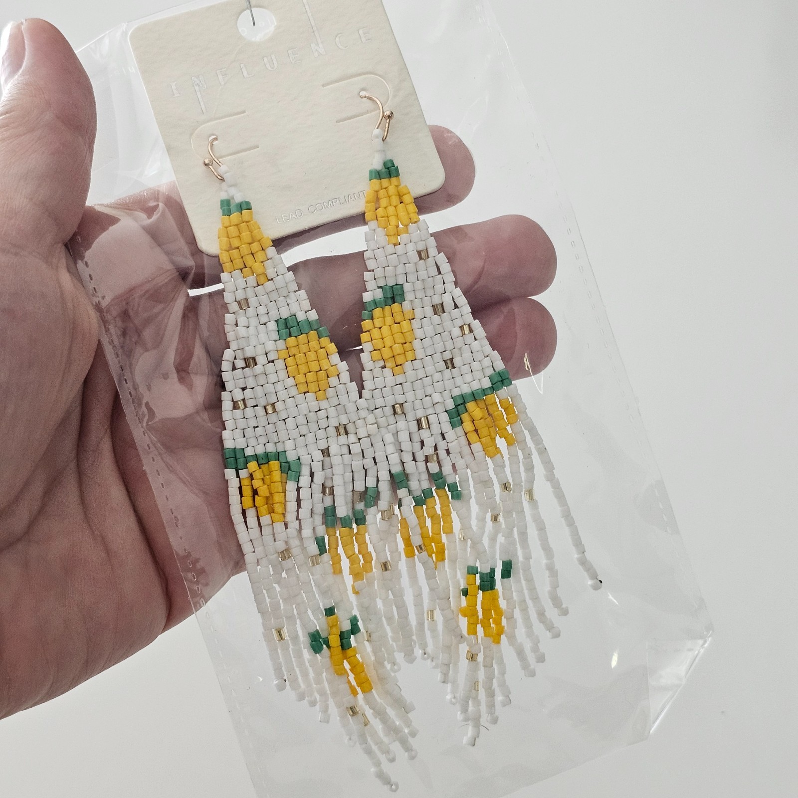 Boho Chic White Lemon Fruit Dangle Fringe Bead Earrings Beaded 5″ NEW