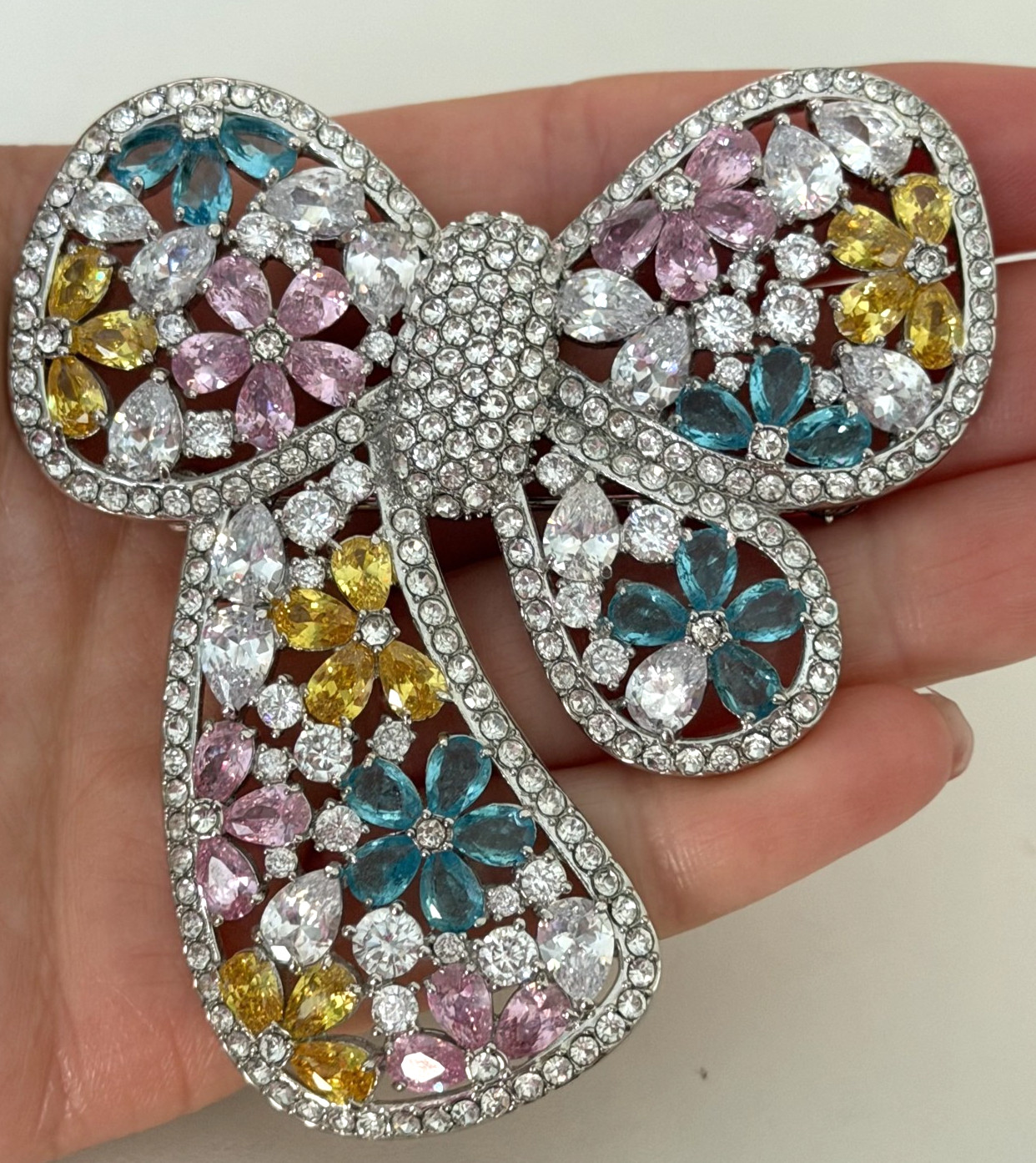 Joan Boyce Huge Multicolor Crystal Bow Ribbon Spring Flower Statement Brooch Pin