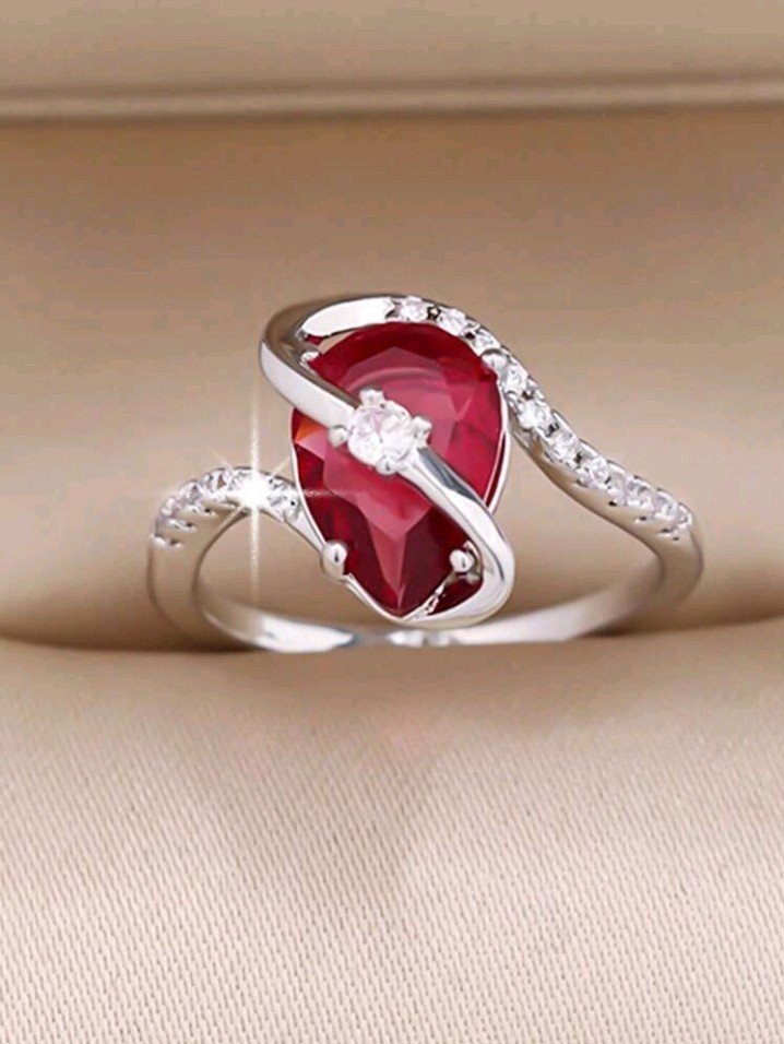 Silver-Plated Copper Ring Pear-Shaped Hot Pink CZ White/Colorless Inlay Size 8