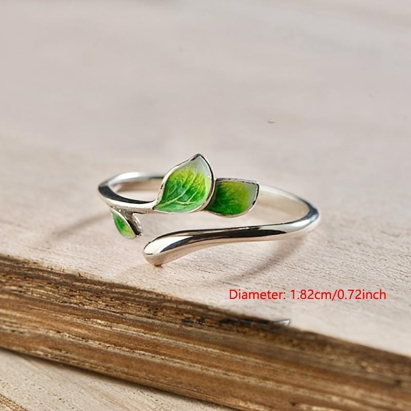 Green Enamel Leaf Adjustable Ring for Women Open Band Elegant Nature Jewelry