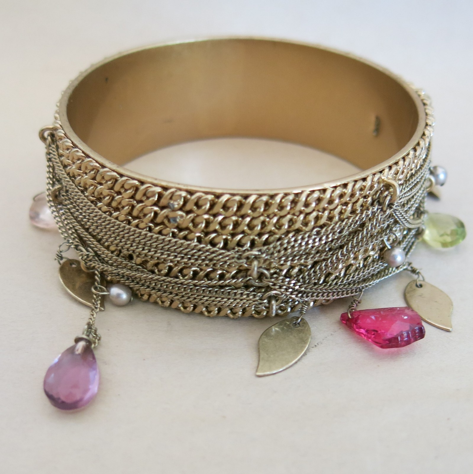 KCR Bangle Bracelet in Gold Tone Metal with Beads & Chain [3757]