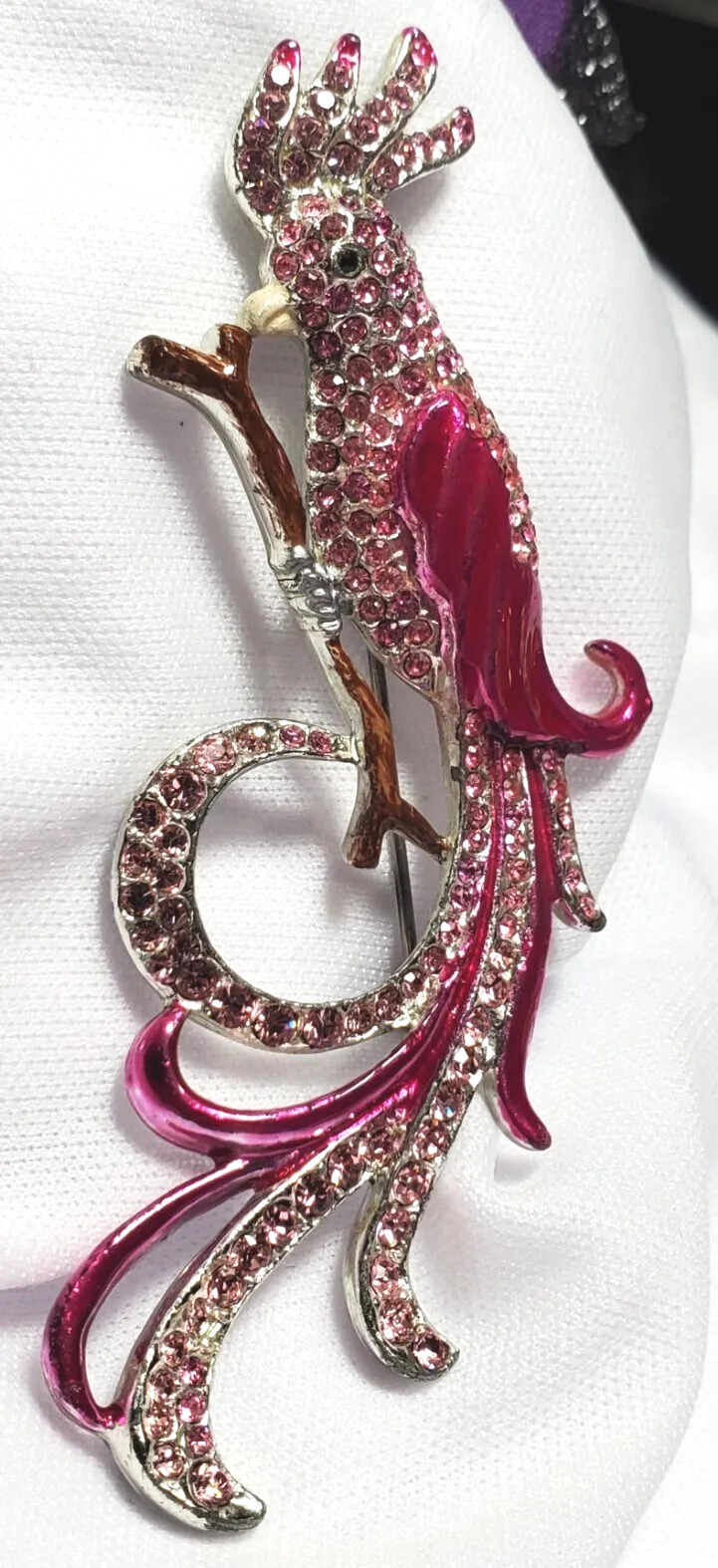 Vintage Silver Pink Bird Of Paradise Galah Cockatoo Brooch Pin