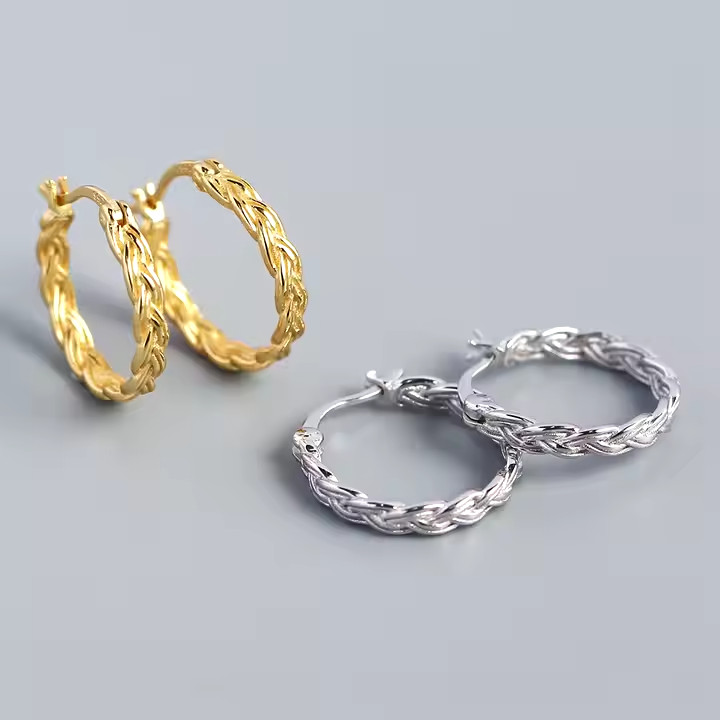 9CT GOLD on Silver Vintage Braided Earrings Twisted Hoop Earrings- 16.8mm