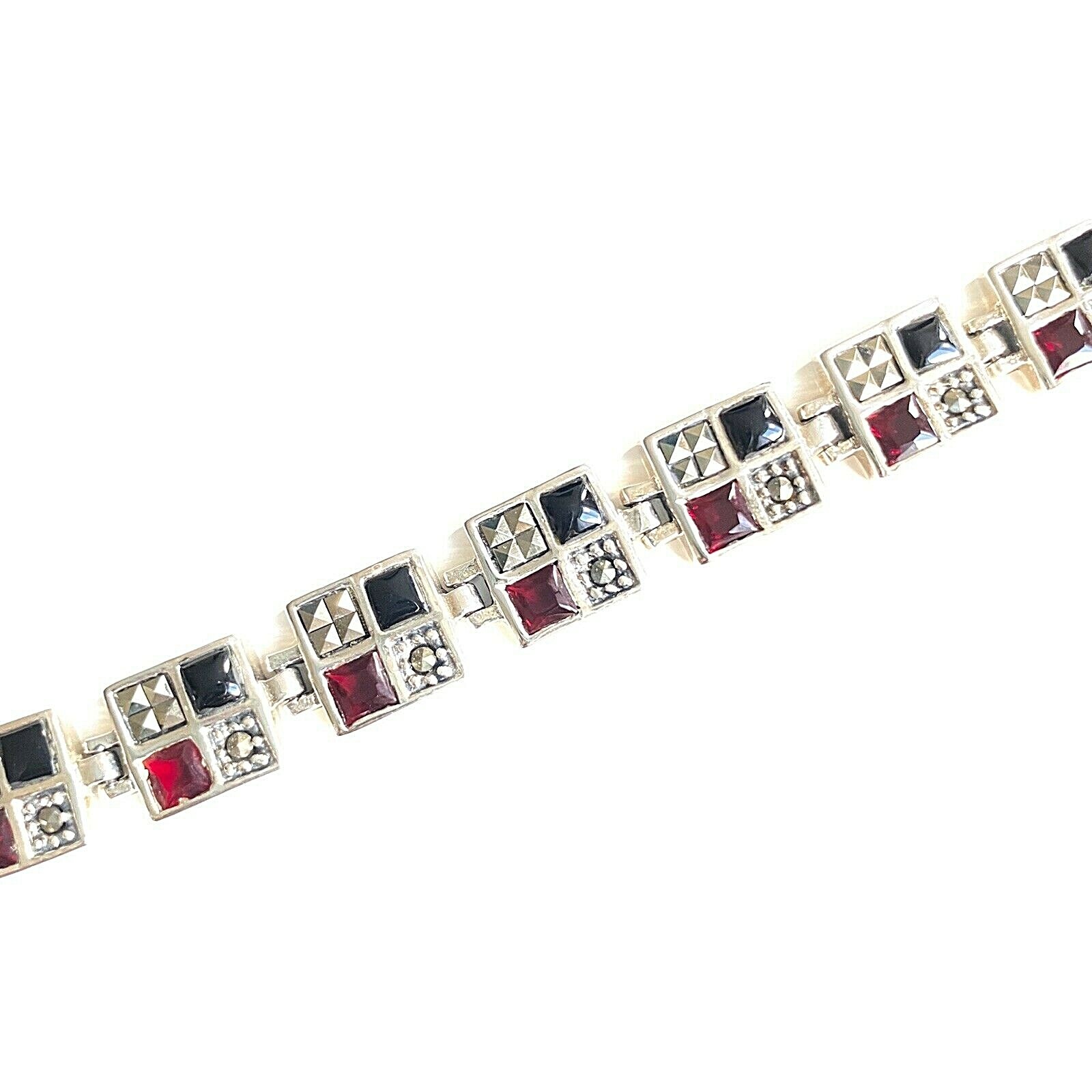 GARNET ONYX Squares BRACELET w/ Marcasite 925 STERLING SILVER (7.5 inch Long)