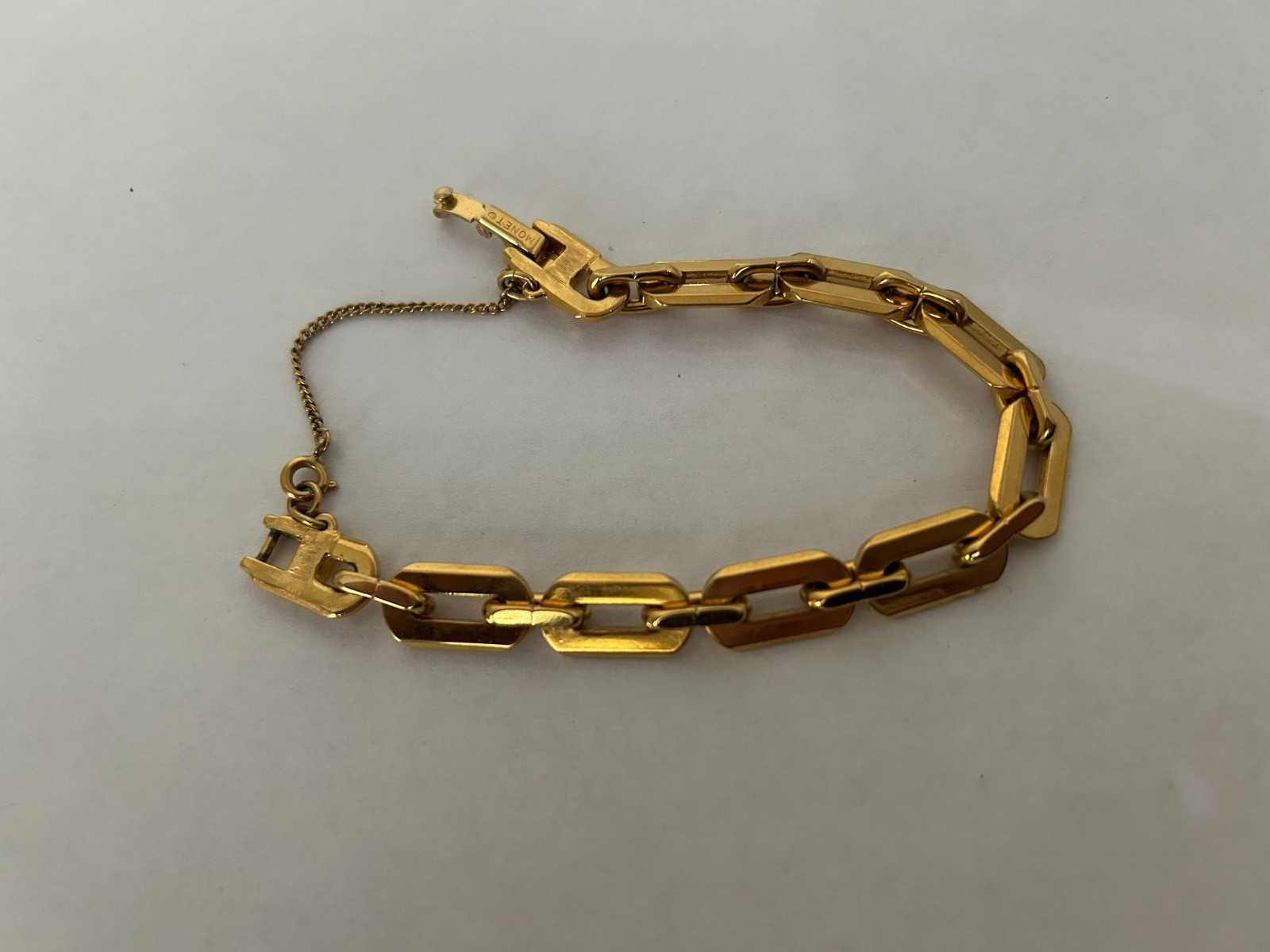 Vintage Monet Gold Tone Geometric Link Bracelet with Safety Chain 7″ and Tag
