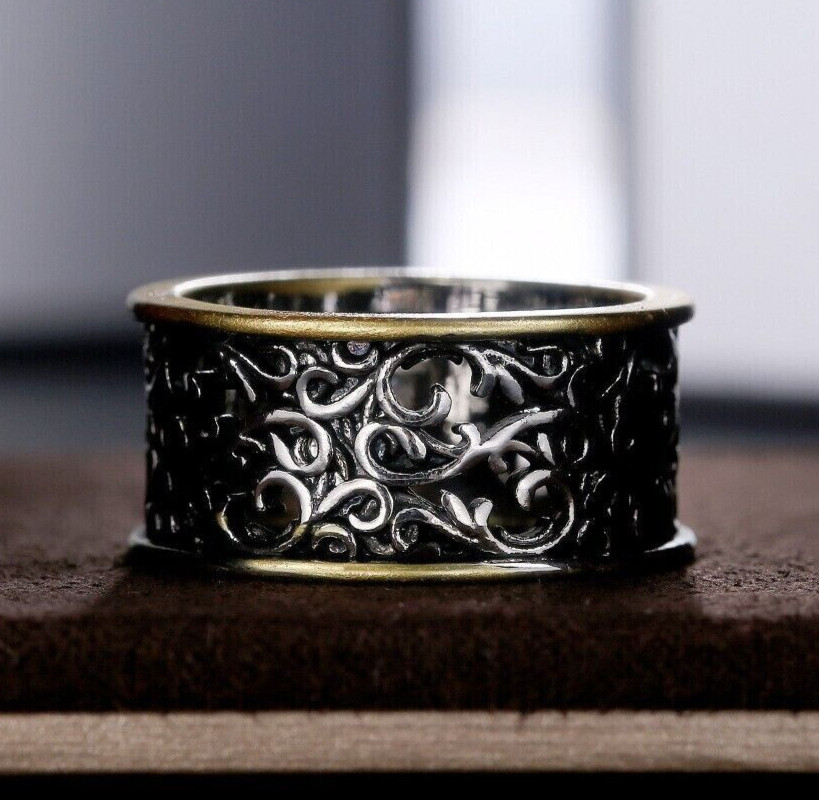 Carved Dainty Wide Antique Vintage Ring Silver plated Old Edwardian Wedding Band