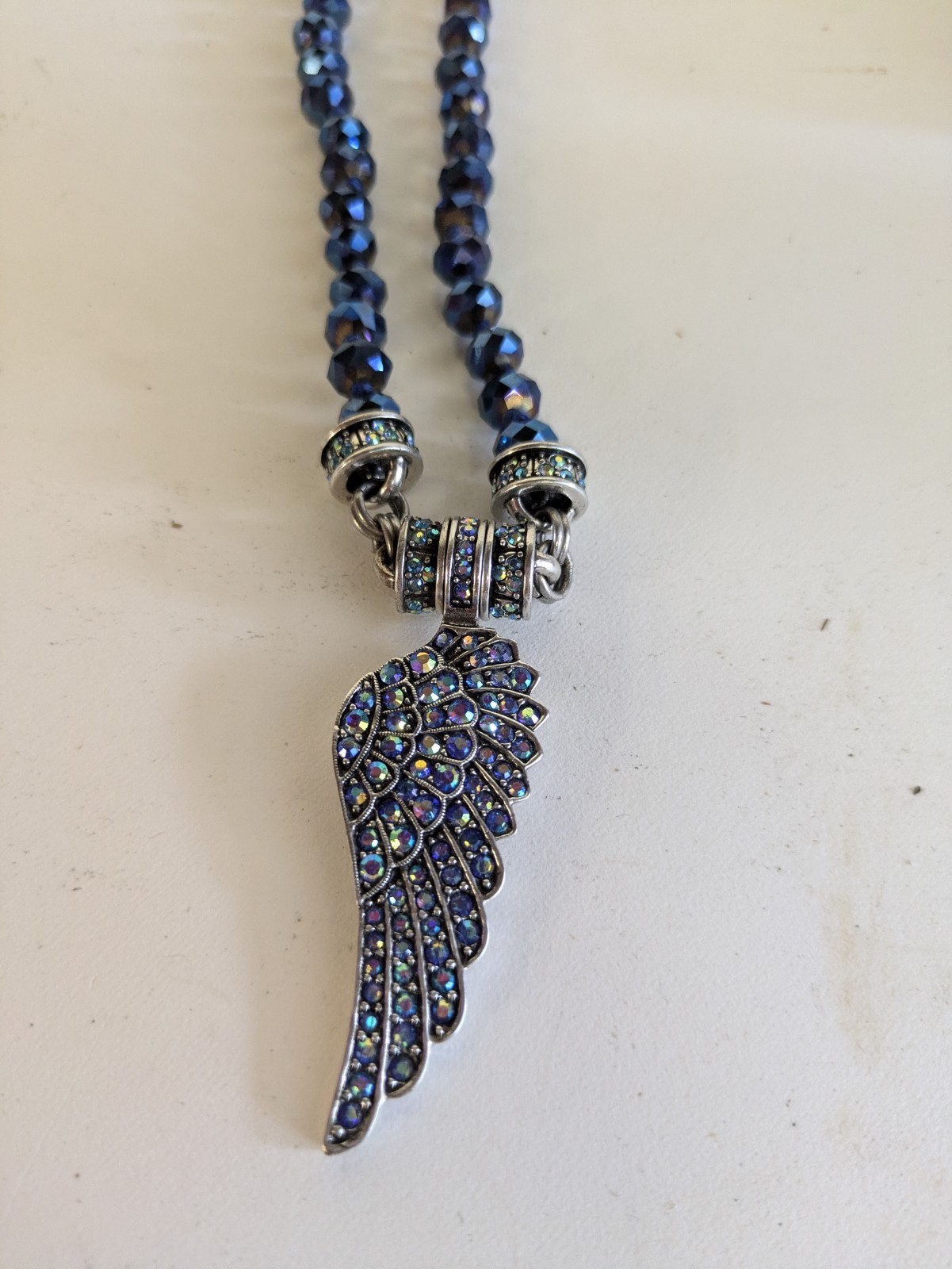 Kirks Folly Fly Home Angel Wing Crystal Beaded Necklace Iridescent Blue AB
