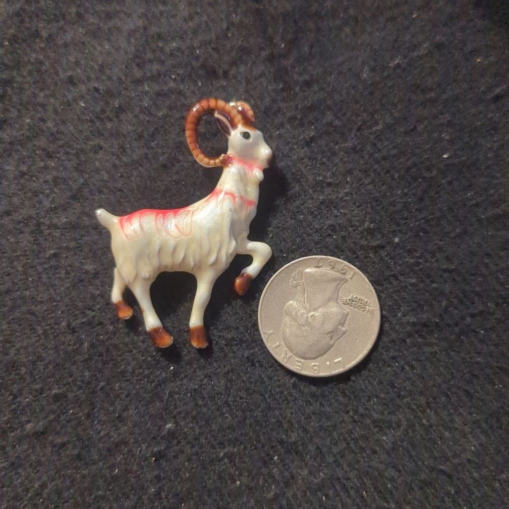 Gold Tone White Brown Red Enamel Goat Sheep Statement Brooch