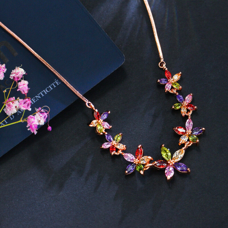 Fancy Multicolor Rose Gold Plated Flower Earrings Pendant Necklace Jewelry Set