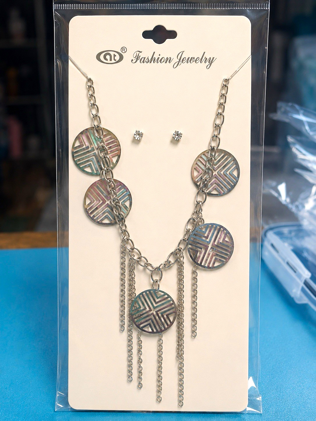 qt Silver Tone Disc Pendant Necklace & Stud Earrings Set w/ Crystal, Silver