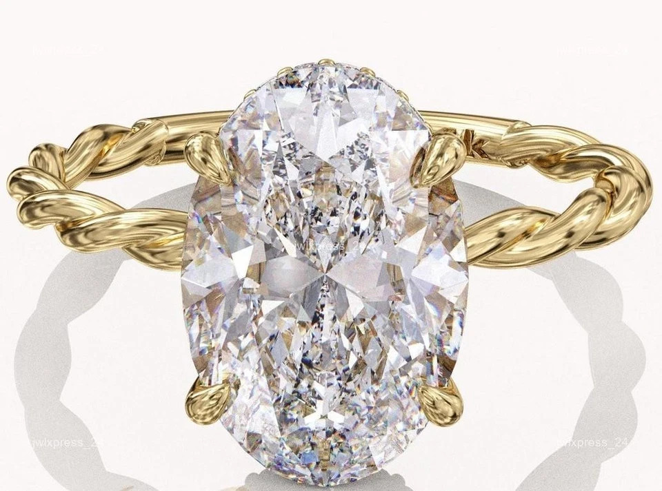 White Moissanite 4.20 Ct Oval Cut Hidden Halo Engagement Ring 14K Yellow Gold FN