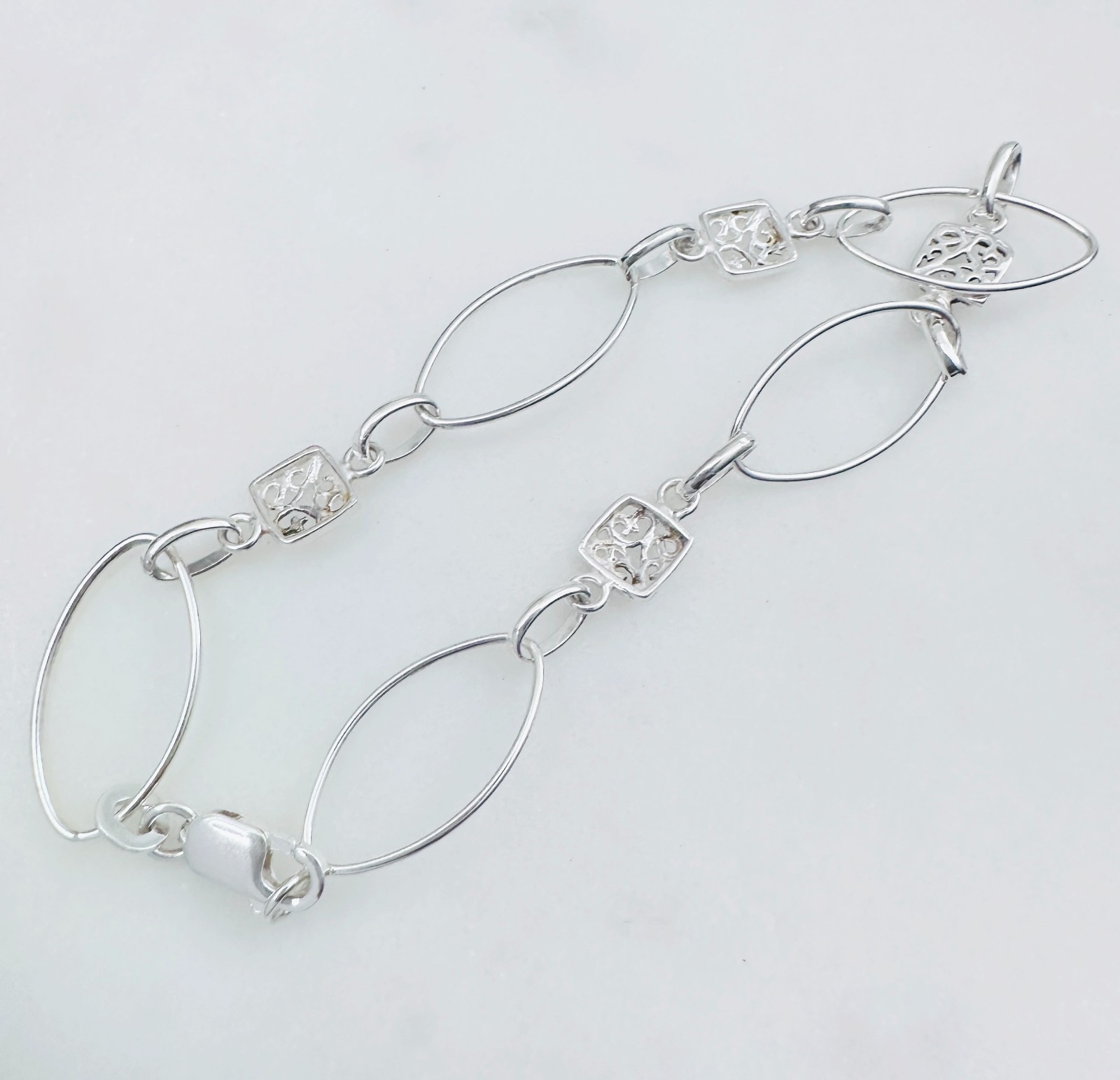 925 Sterling Silver Oval & Square Filigree Links Bracelet 6-10mm, 7 1/4″