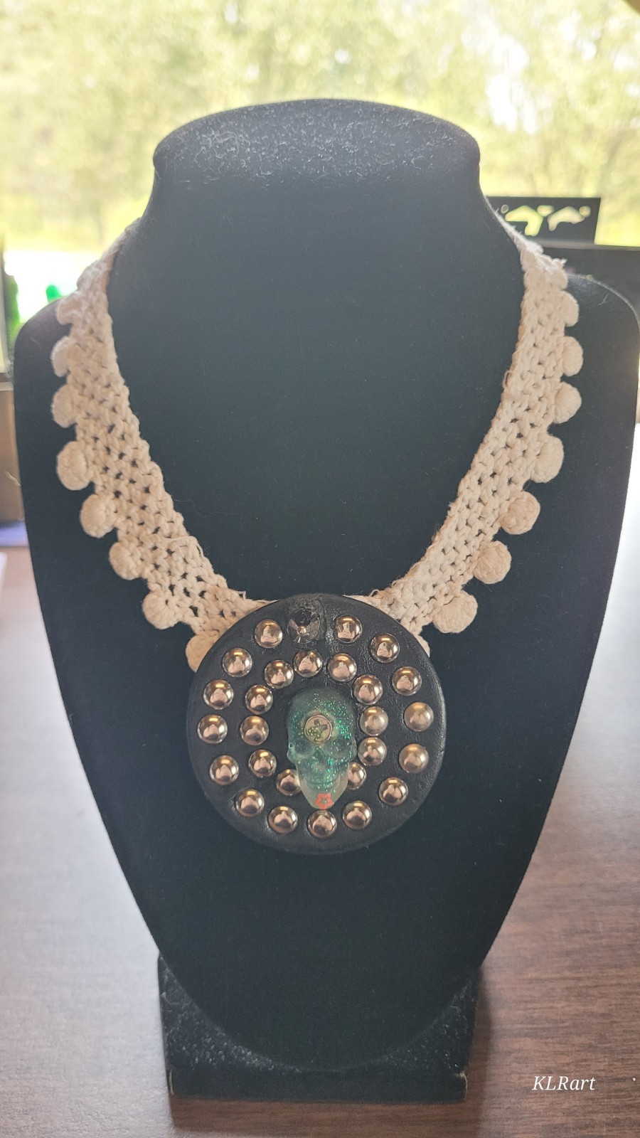 Homemade faux leather snap lace blue epoxy skull choker, Halloween themed