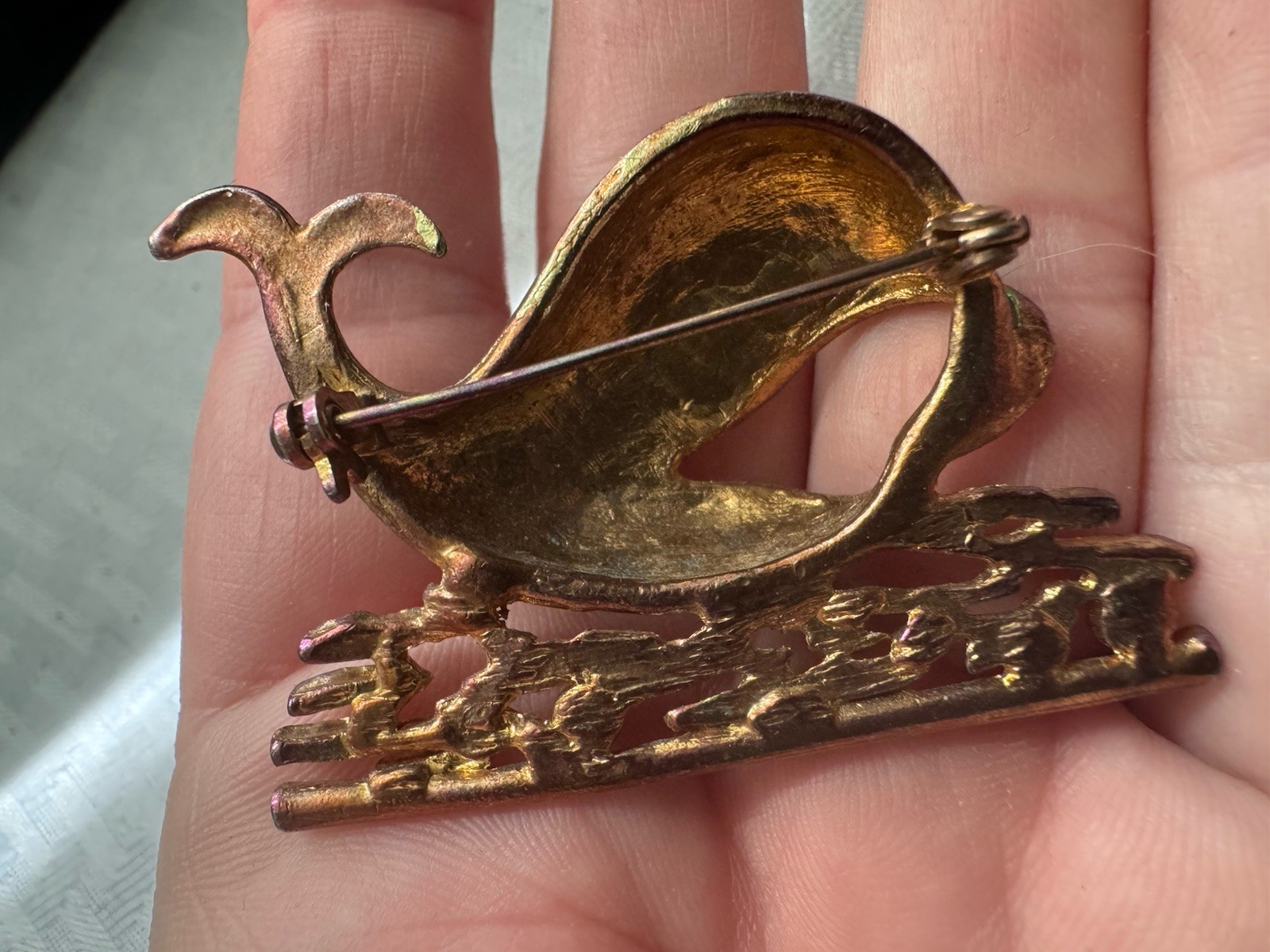 Vintage Enameled Sea Worthy Green Gold Tone Whale Pin Nautical Pin Brooch