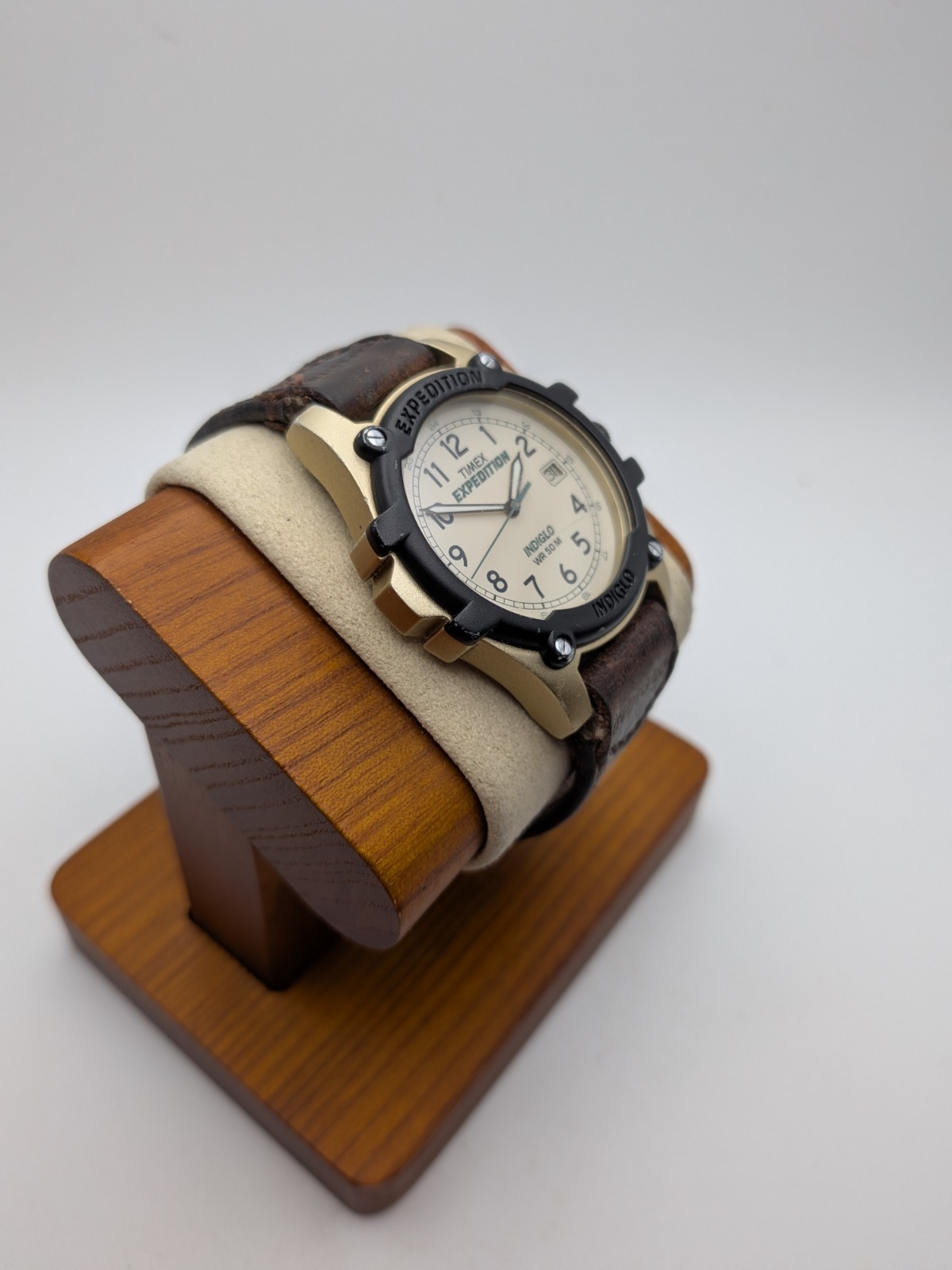 Timex Indiglo Watch Men Silver Black WR 50m Date Brown Beige Strap New Battery