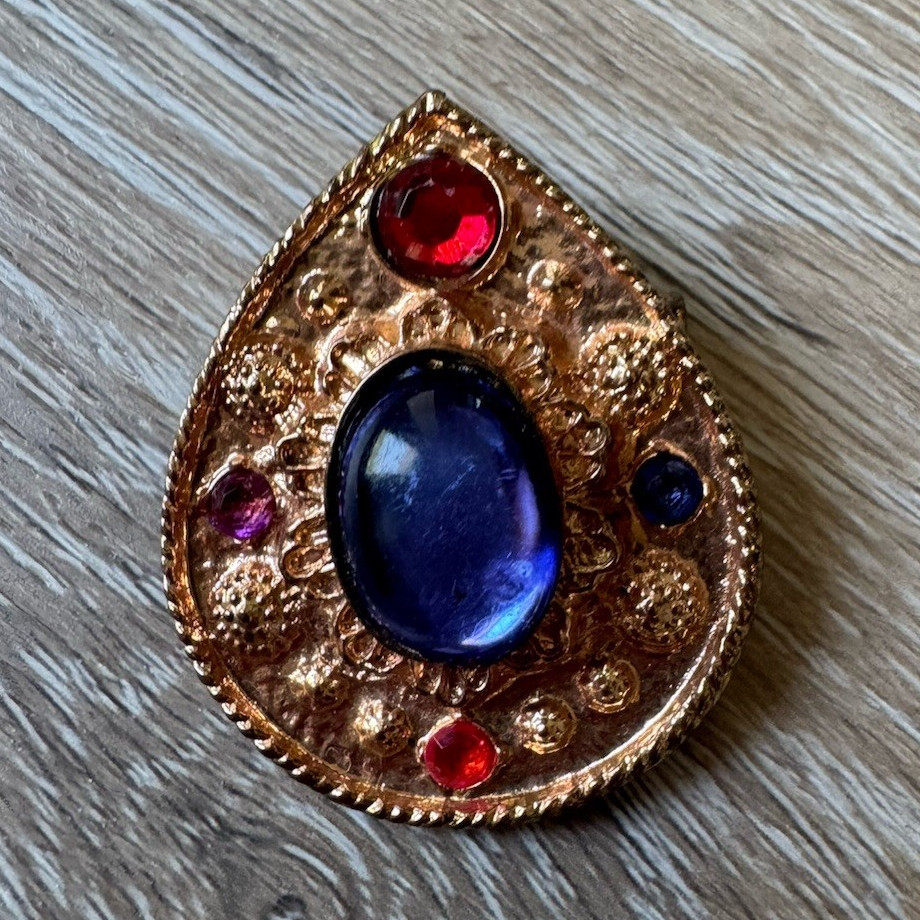 Gold Tone Teardrop Brooch 4 Cabochon Stones Blue Red Purple
