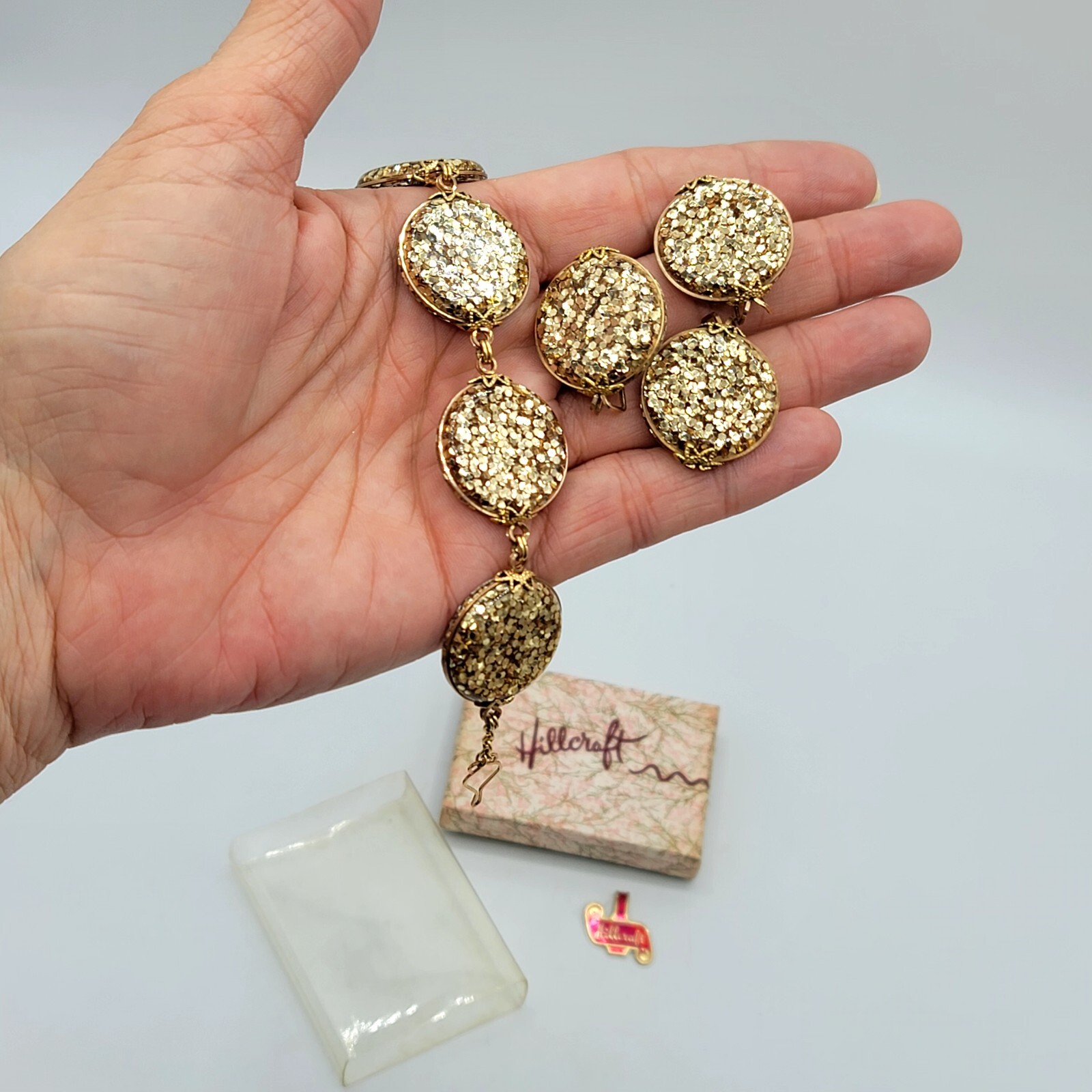 Vtg Rare Set HILLCRAFT Bracelet & Earrings Glitter Lucite Gold Filled Jewelry