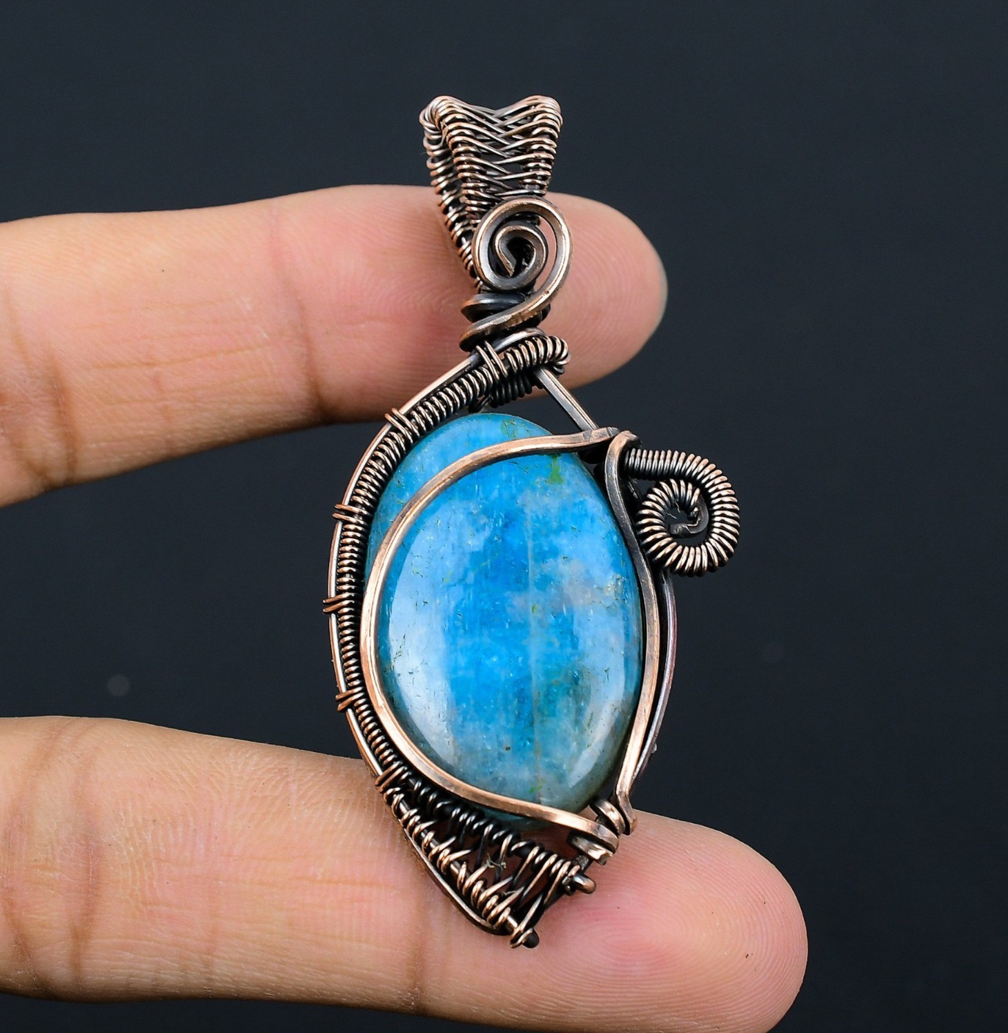 Neon Blue Apatite Handmade Gemstones Copper Wire Wrap Beautiful Pendant Jewelry