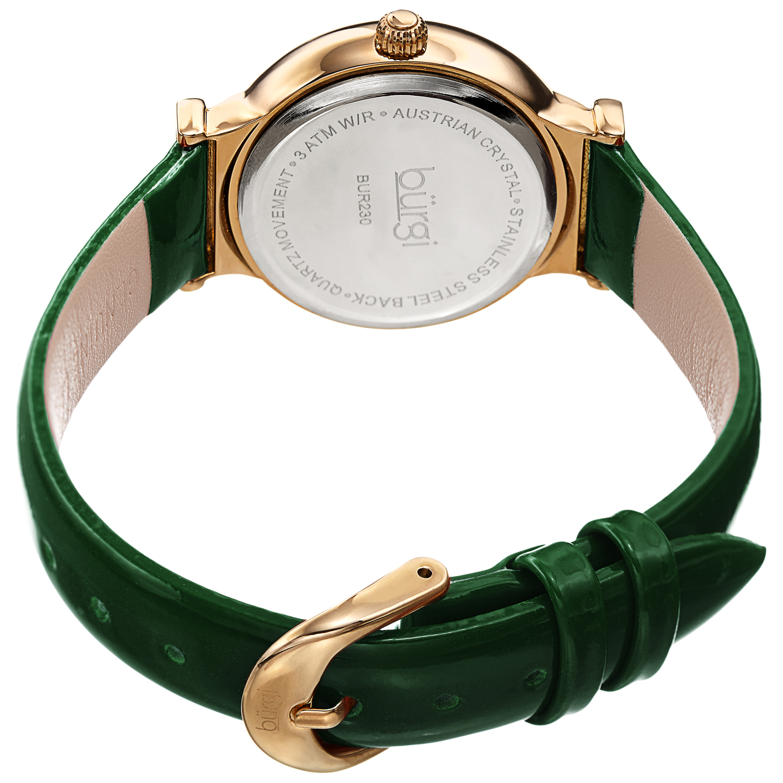 Women’s Burgi BUR230GN Green Swarovski Crystal Guilloche Leather Strap Watch