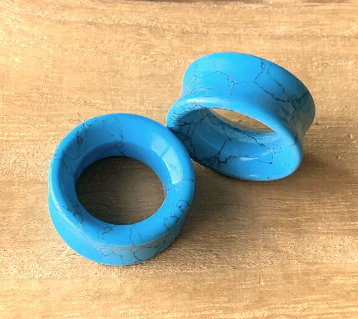 PAIR Synthetic Turquoise Stone Tunnels Double Flare Plugs Earlets Gauges
