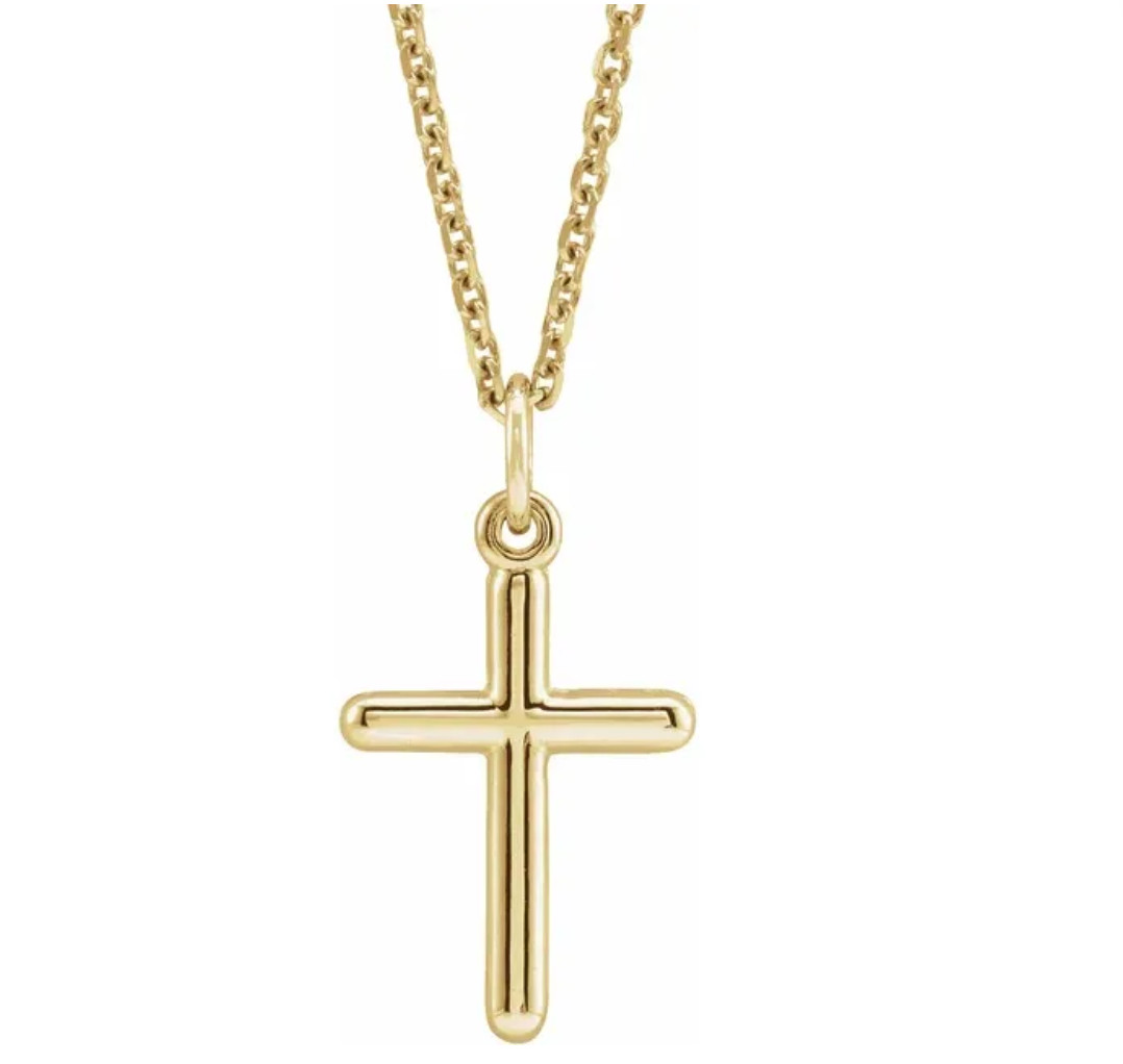 14K Gold Die-Struck Cross Pendant 16.8×9 mm w/ Gold-Filled Chain – Bestseller