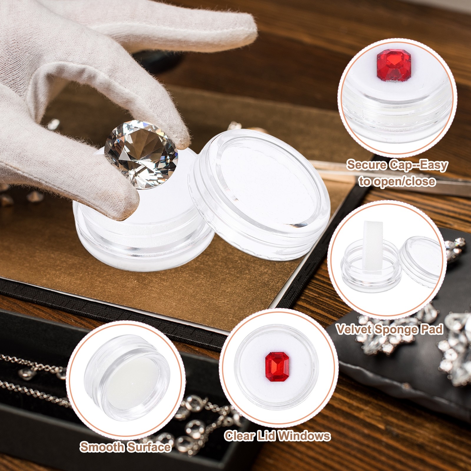 3.9×2.6×0.7 Inch Gemstone Display Box 6 Pcs Round Containers, White