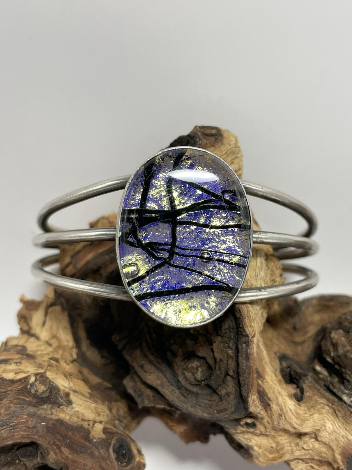 Vtg 925 Sterling Silver Dichroic Glass Purple Yellow Black Cuff Bracelet 36.3g