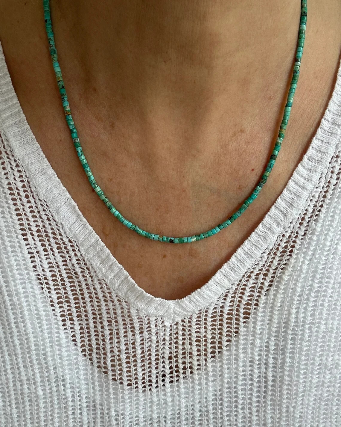 Tiny Micro 3mm Kingman Turquoise Beaded Necklace, Turquoise Heishi Bead Necklace