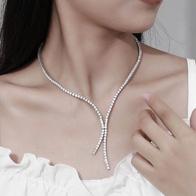 3mm Round Real Moissanite Tassel Tennis Necklace 925 Sterling Silver Women Chain