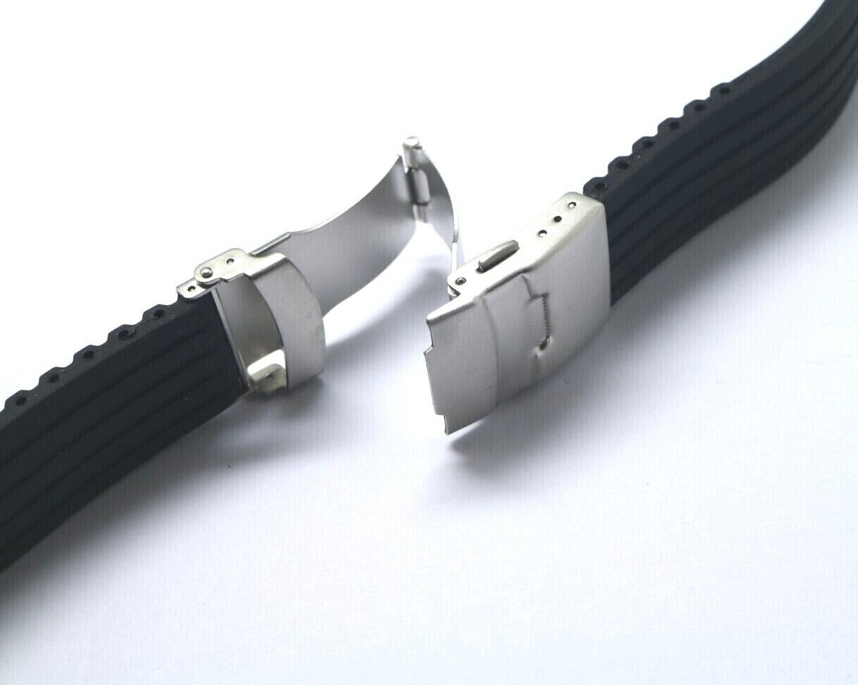 2Pcs 22mm Black Silicon/Rubber Replacement Watch Band Deployment Clasp Buckle