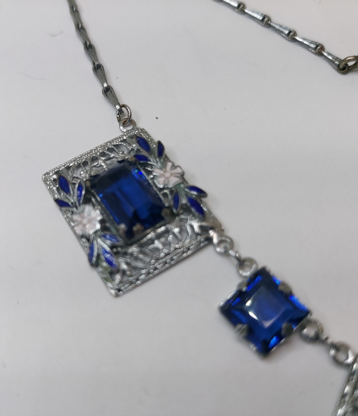 1920s Art Deco Czech Deep Blue Glass Enamel Flower Floral Filigree Necklace