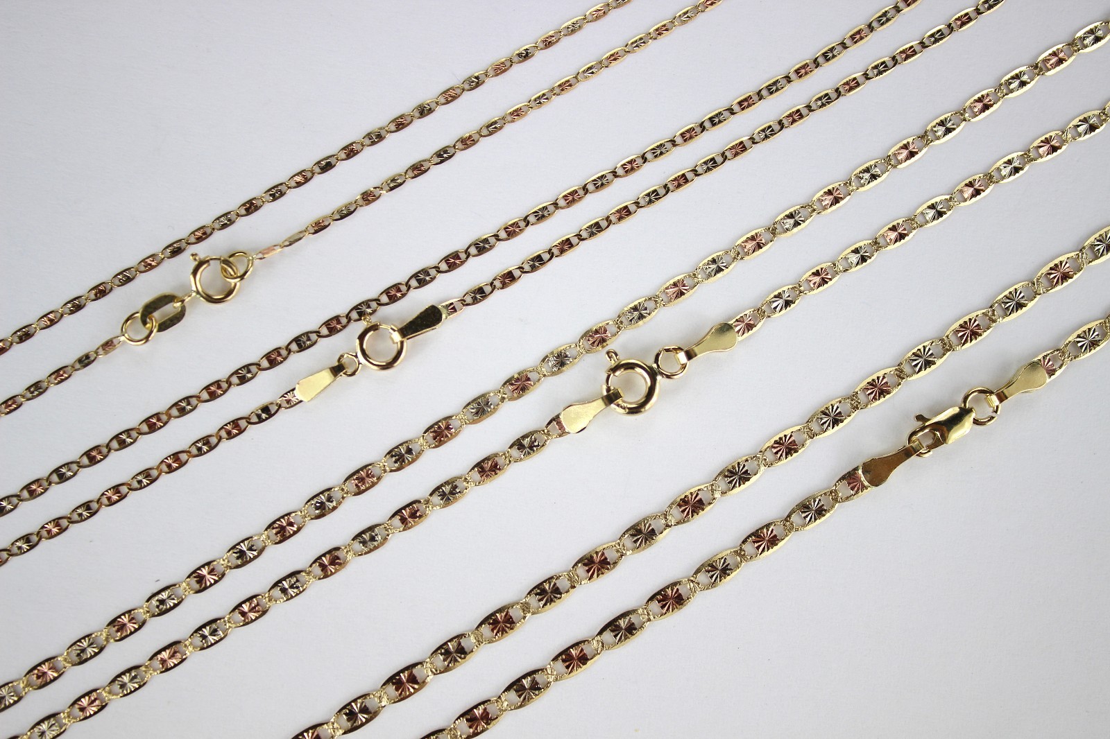 10K Yellow White Rose Gold Tri Color Valentino Chain Necklace 1.2mm~2.8mm/16~24″