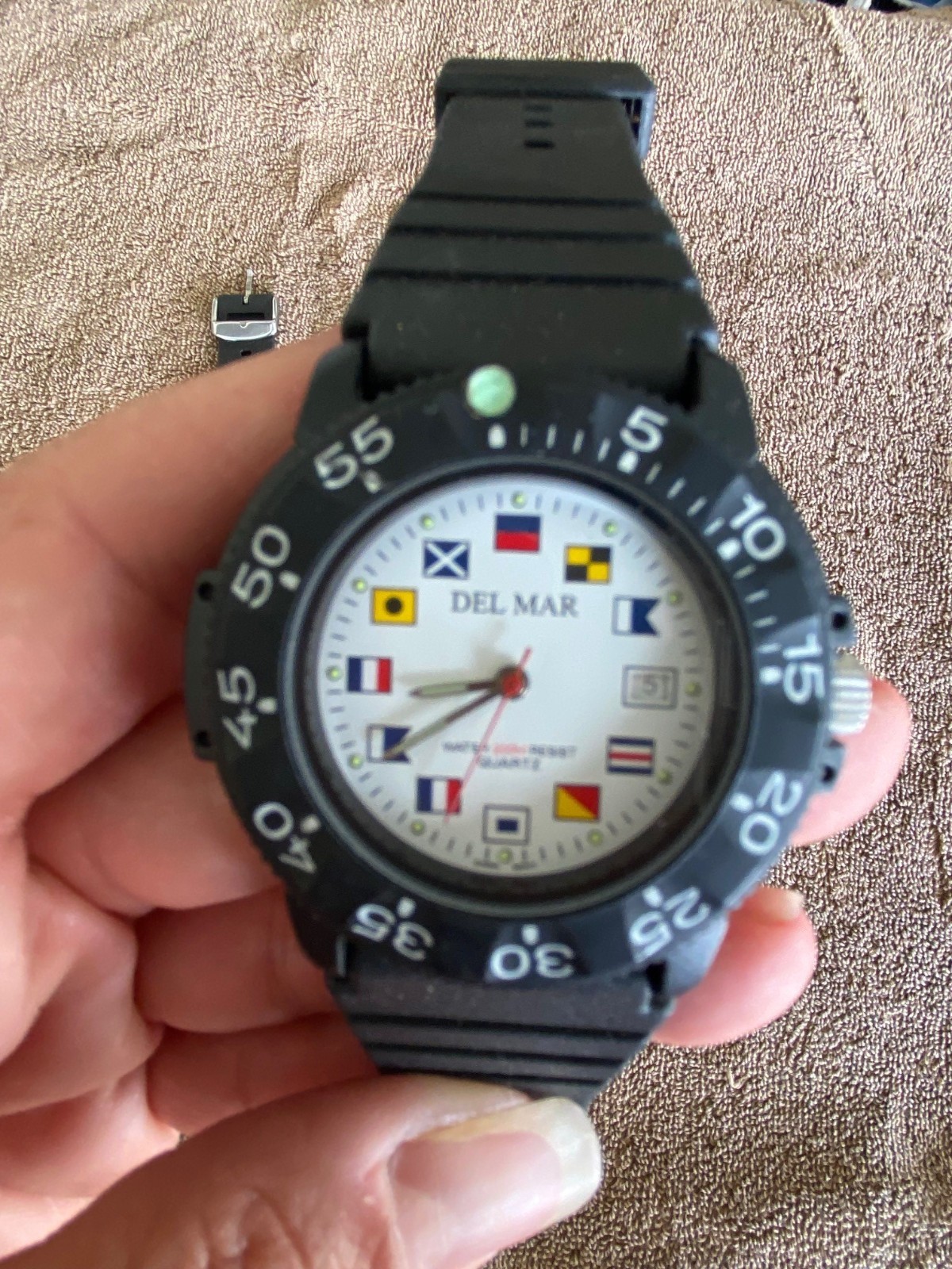 Del Mar Long Life Quartz Diver 200m Date White Dial Black band