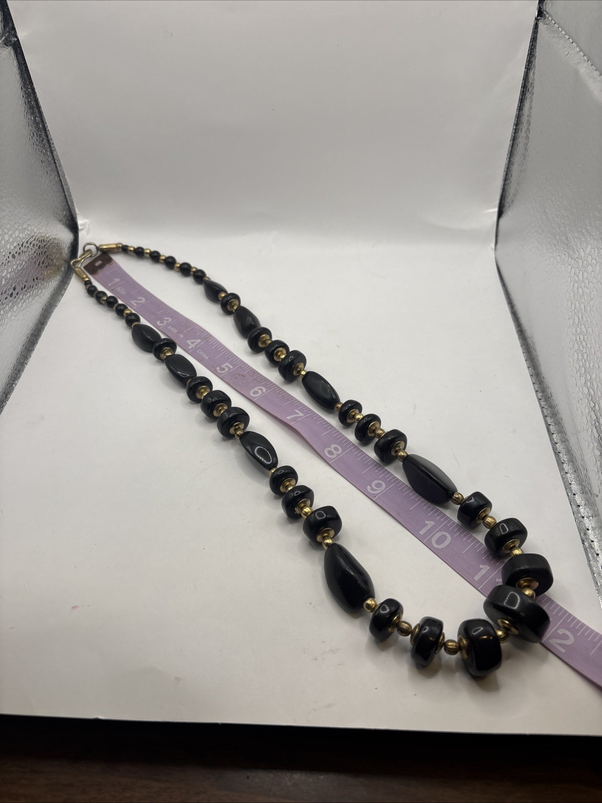 Vintage Black And Gold Toned Beaded Necklace Hook Clasp