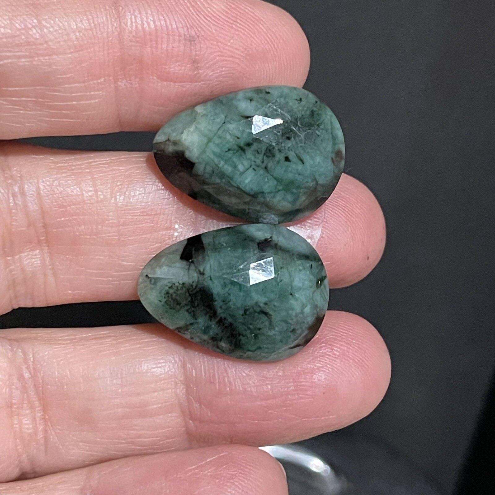 24.3ct 22×15.8×4.7mm Pair Green Emerald Rose Cut Flat Back Teardrop Cabochons