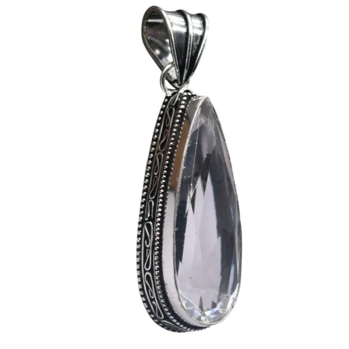 White Topaz Hydro Gemstone Antique Silver Plated Pendant 2.5″ J 2048